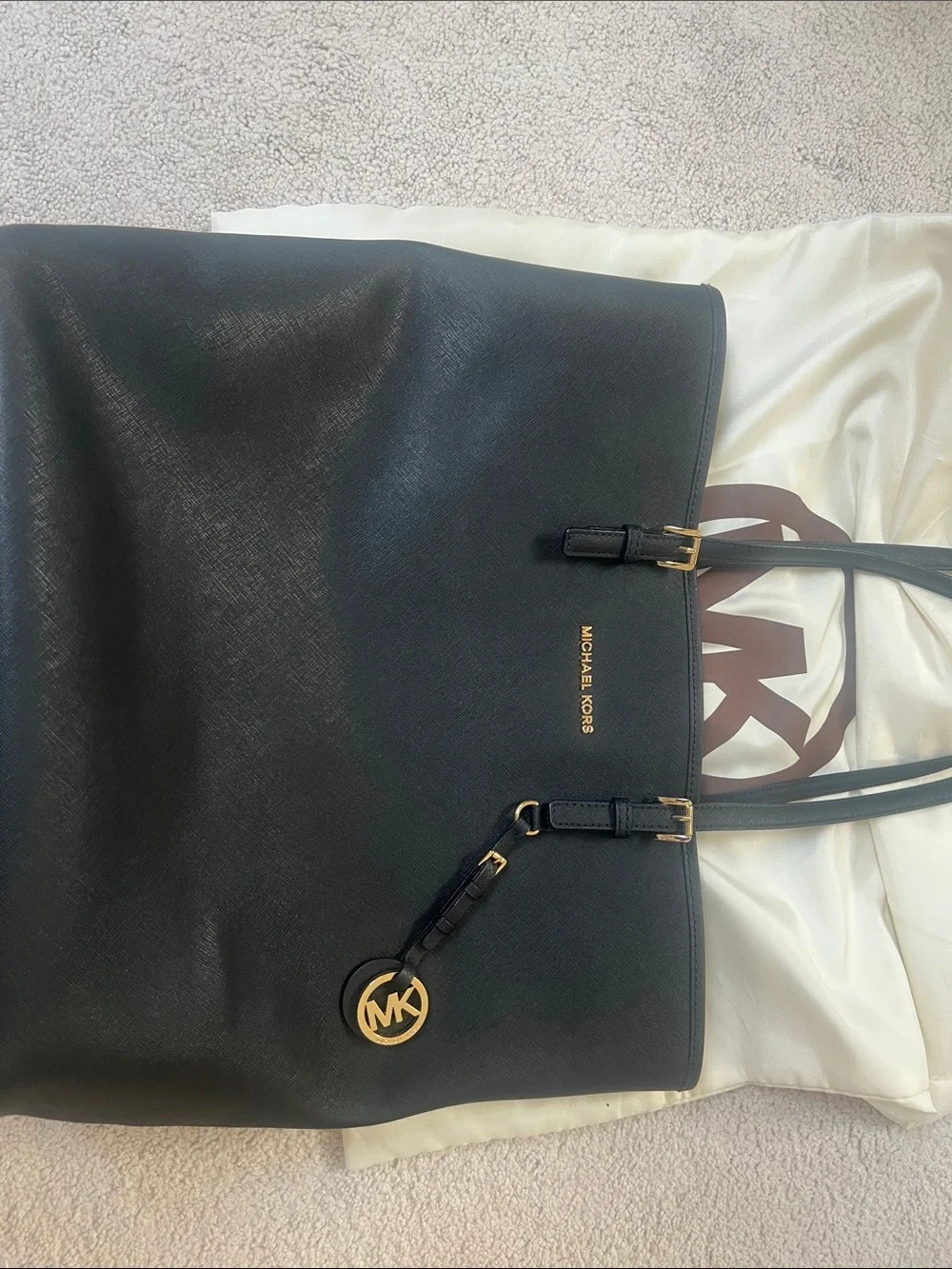 Michael Kors Black Leather Tote with Gold Accent Charm
